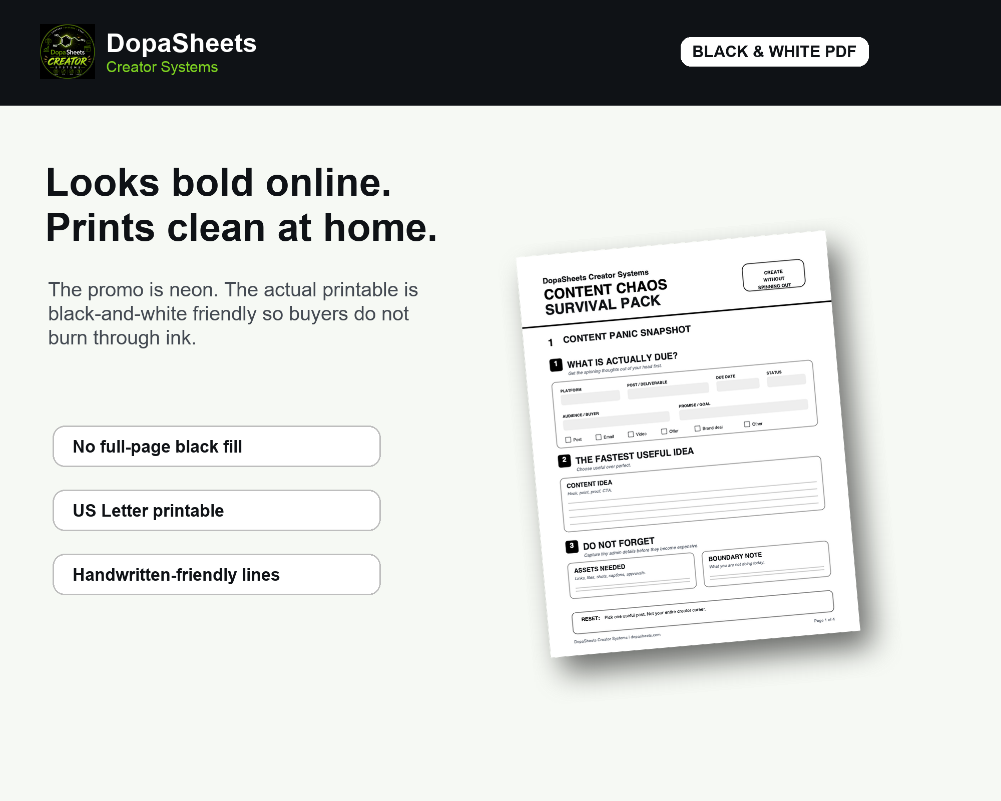 Black and white printable creator system preview