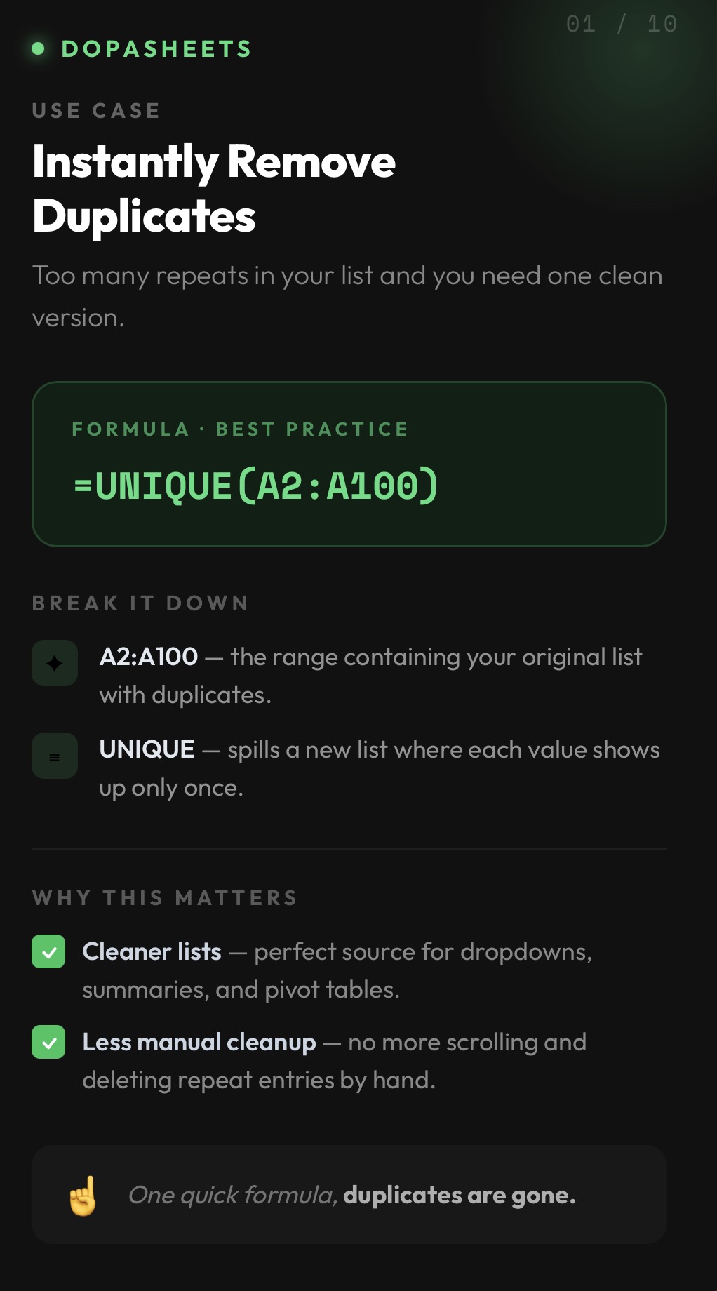 DopaSheets tip: Instantly Remove Duplicates with UNIQUE formula