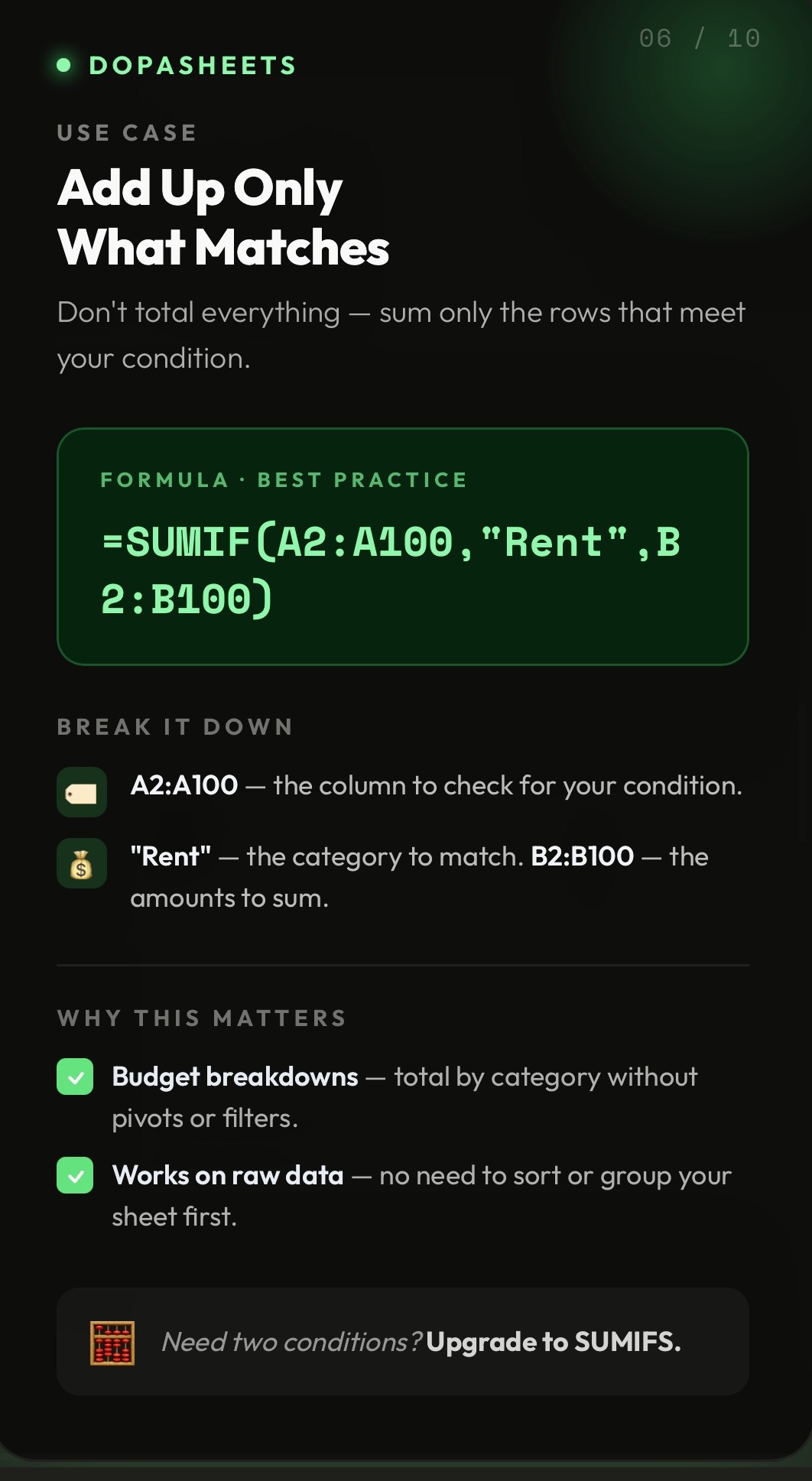 DopaSheets tip: Add Up Only What Matches with SUMIF